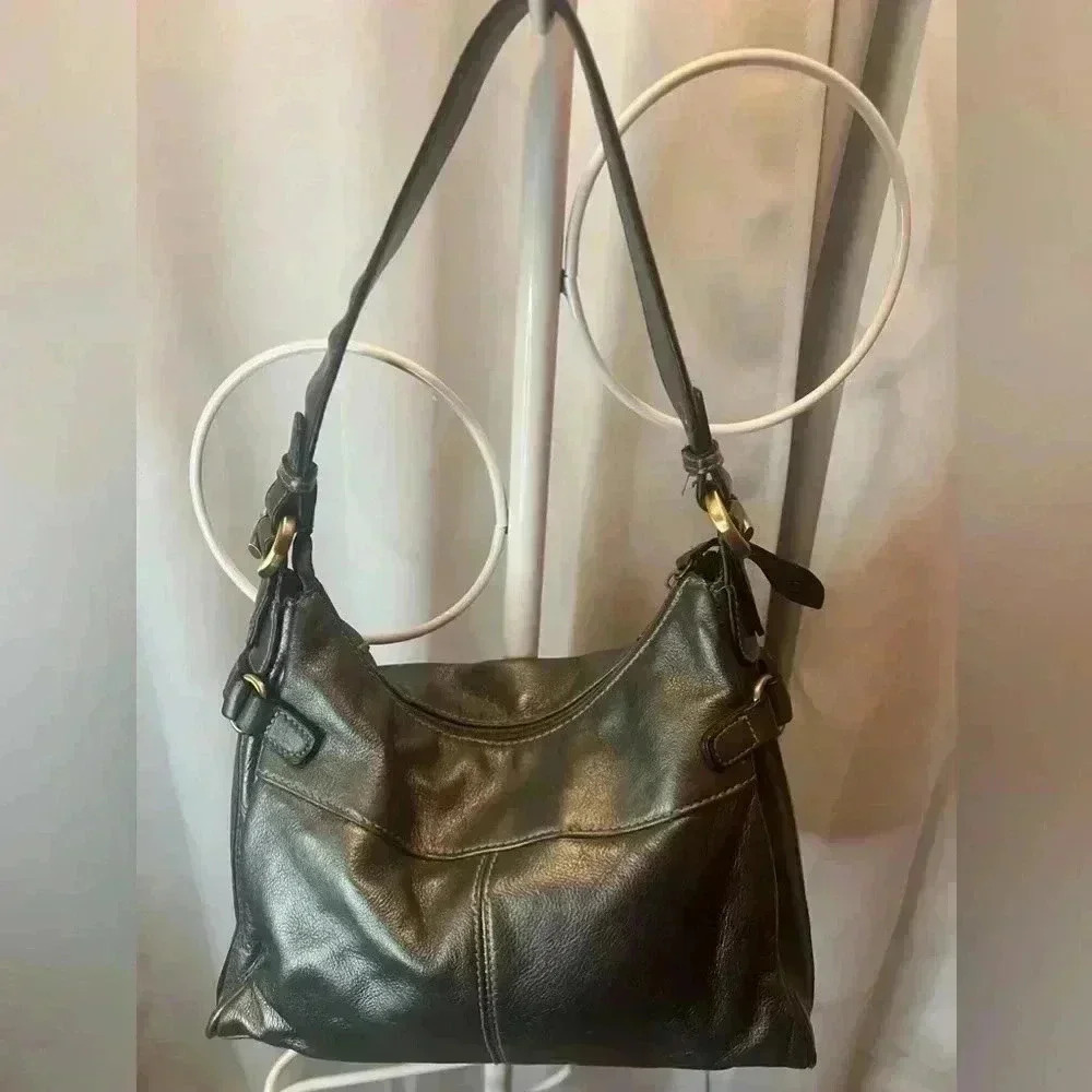 Gunmetal Gray Leather Shoulder Bag - Picture 4 of 10